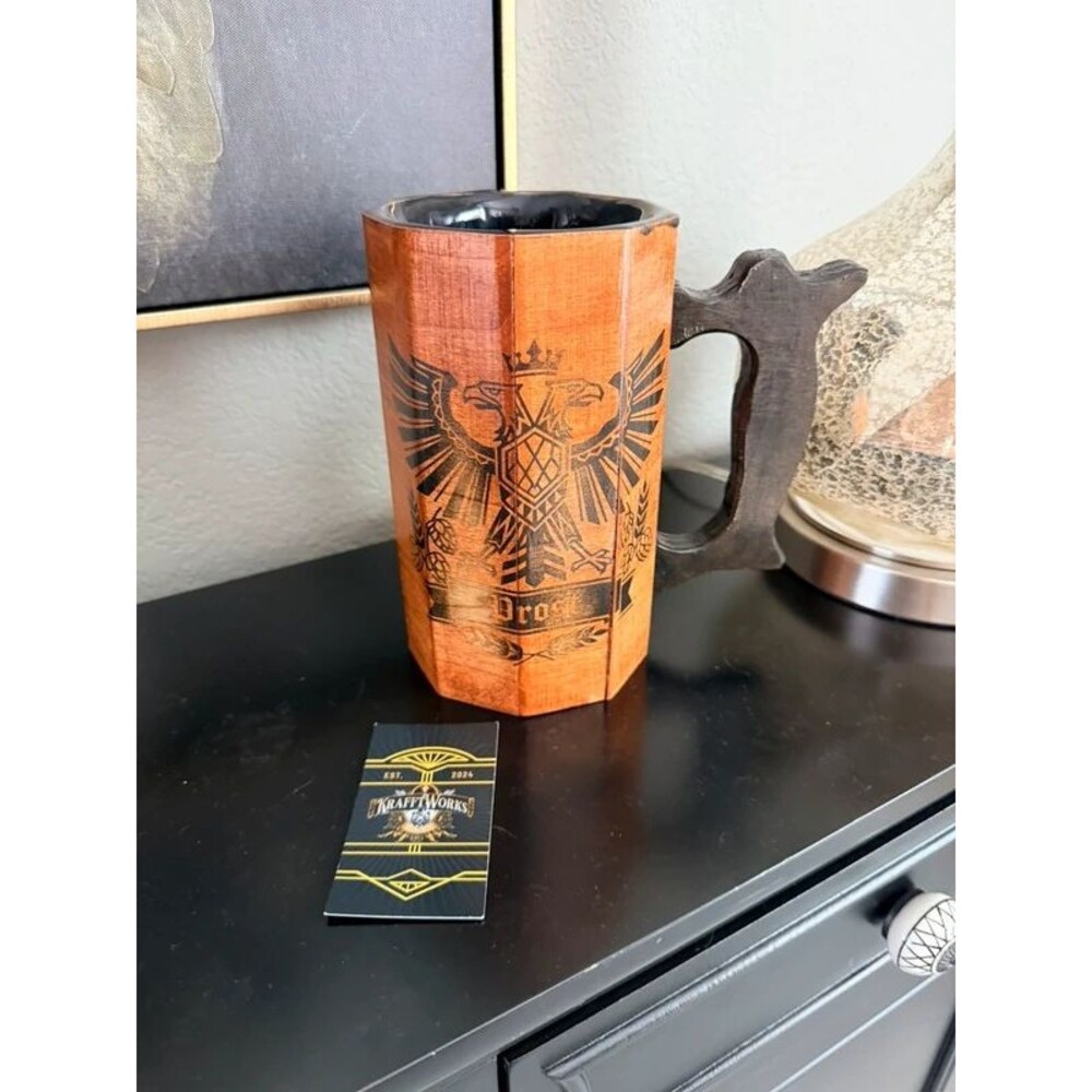 handcrafted wooden beer stein. New